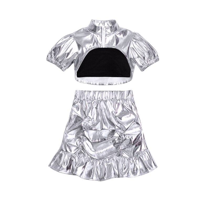 Children'S Hip Hop Clothing For Kids Street Dancewear Girls Jazz Dancing Clothes Silver Top Skirt Stage Dance Costume