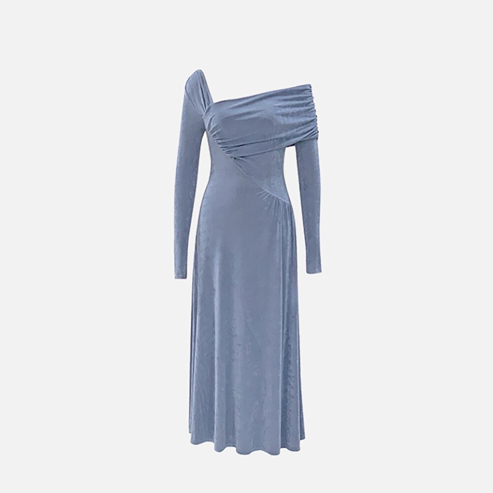 Cold Grey Blue Knitted Dress Niche Design Temperament Elegant Slim Dress