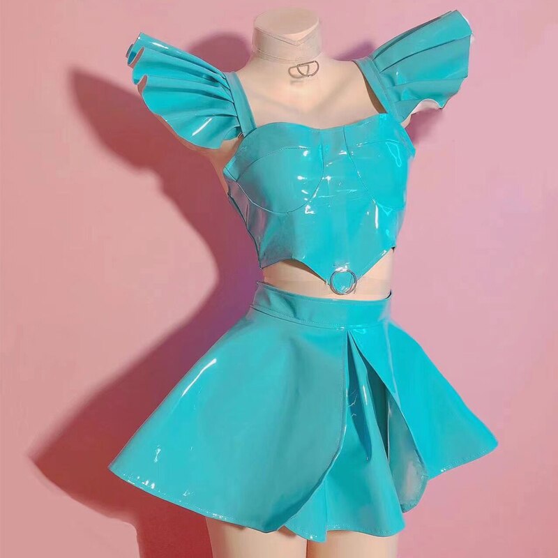 Colorful Patent Leather Fly-Shoulder Top Skirt Women Pole Dance Outfit Bar Nightclub Ds Dj Gogo Wear Drag Queen Costume