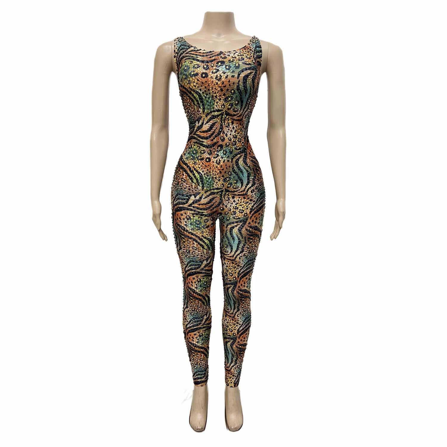 Colorful Pattern Black Gold Rhinestones Stretch Jumpsuit Birthday Celebrate Bodysuit Outfit Performance Costume 