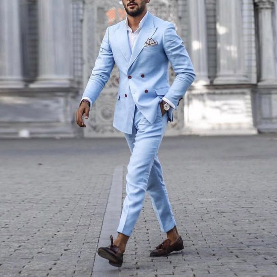 Light Blue Groom Tuxedos Peaked Lapel Groomsmen Wedding Best Man 2 Pieces (Jacket+Pant)