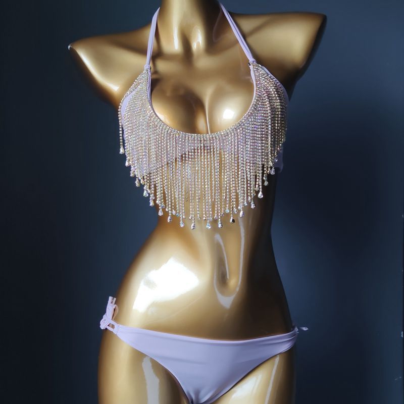 Crystal Diamond Fringes Bikini Rhinestones Tassels Bra Shorts Set Sex