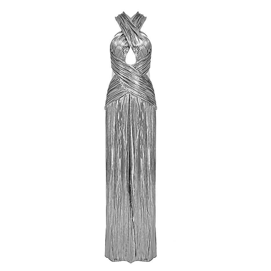 Designer Sexy Prom Dress Silver Hollow Out Keyhole Criss Cross Mesh Patchwork Backless Slit High Waist Long Maxi Dress