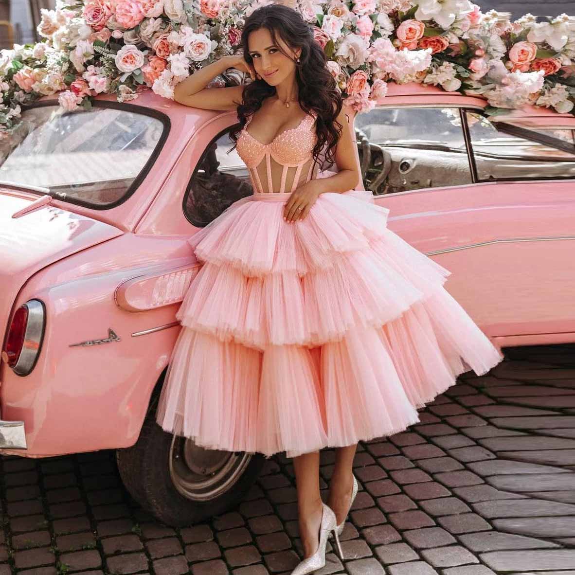Pink Tulle Tutu Skirt for Women Tiered Midi Skirts Prom Gown Lush Short Evening Party Skirt Extra Ball Gown