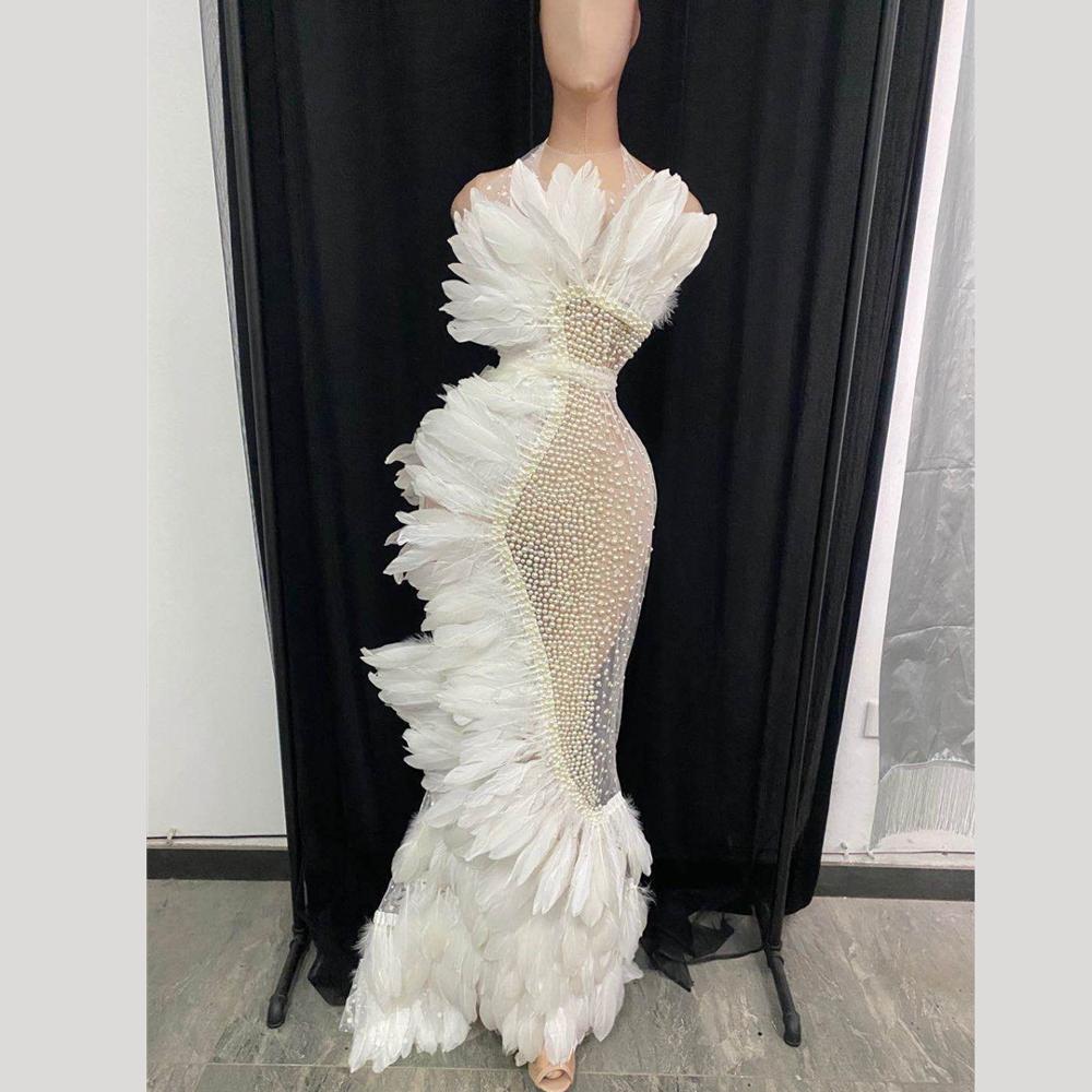 Elegant White Feather Mesh See Through Wedding Party Long Dress Women Sexy Prom Halter Rhinestone Dress Singer Stage Clothes