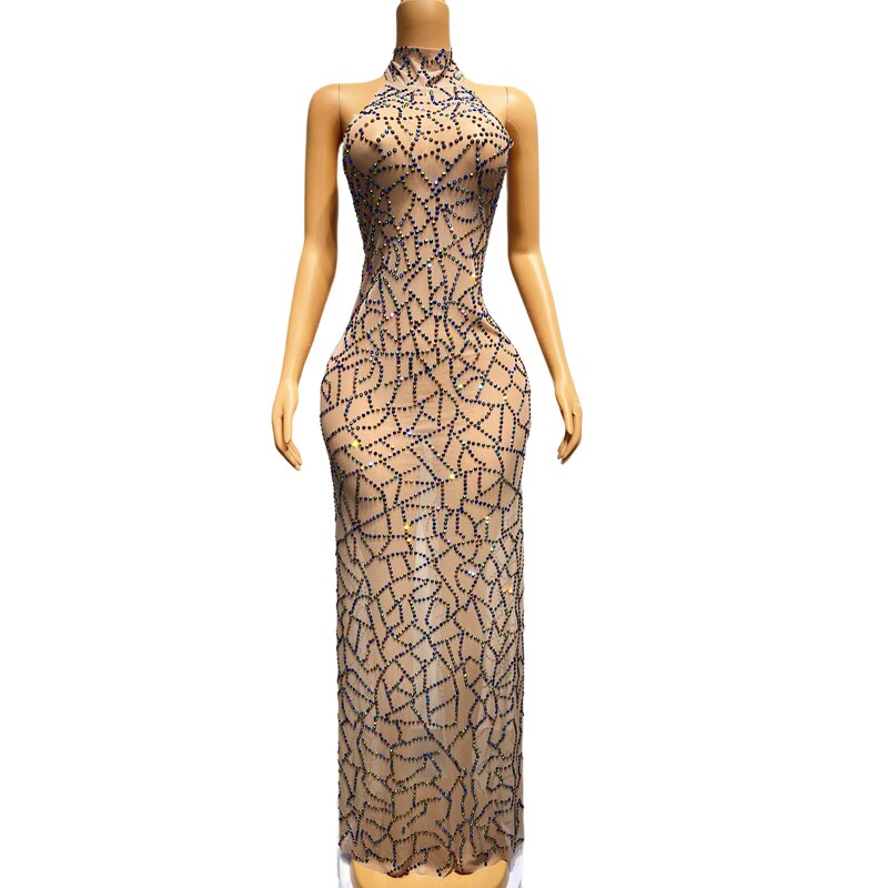 Evening Birthday Celebrate Colorful Rhinestones Transparent Backless Dress Outfit Women Dance Performance Costume