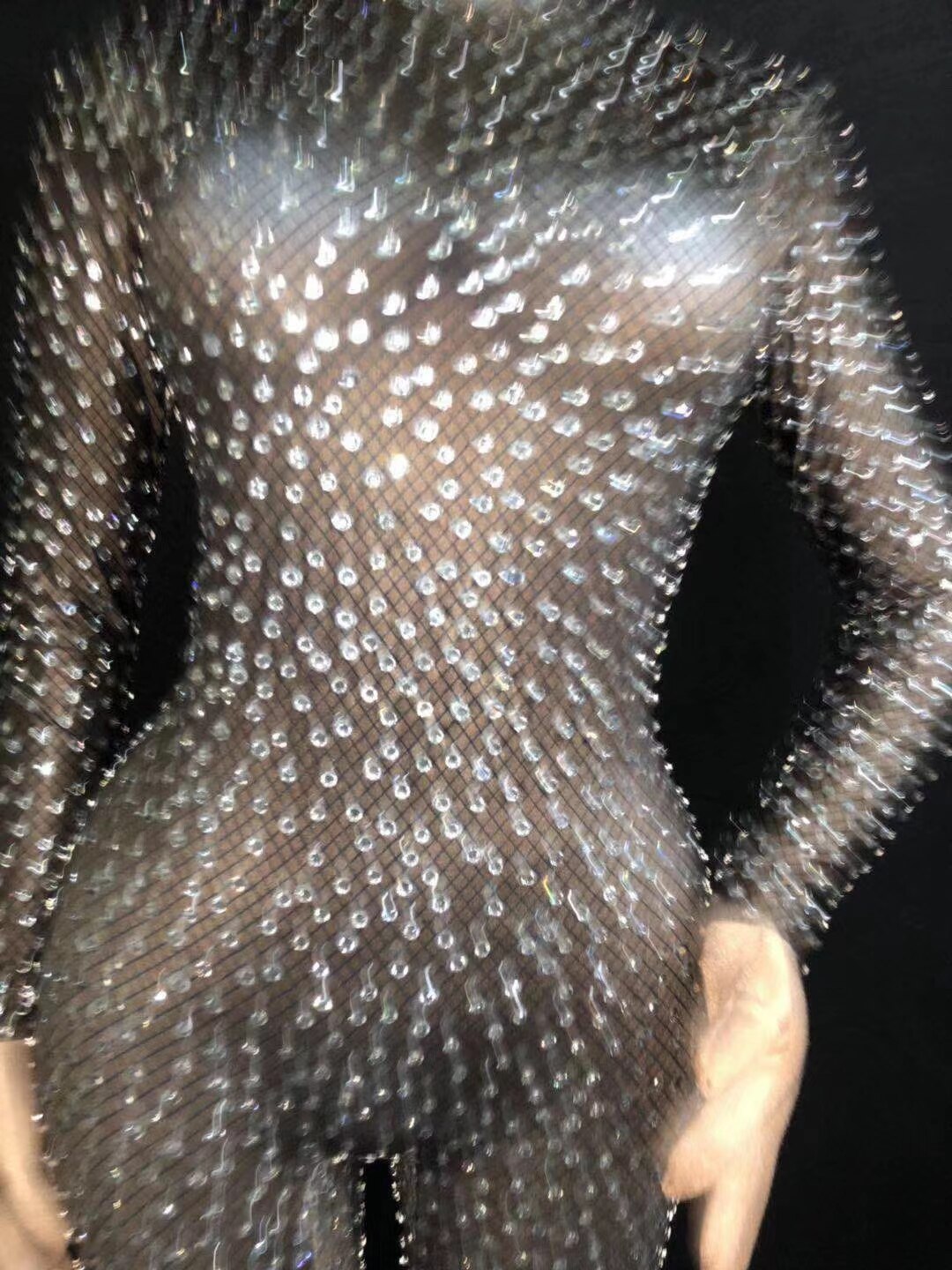 Black Stretch Spandex Rhinestone Jumpsuit Women Long Sleeve Club Crystal Bodysuit Dancer Rompers Performance Costumes
