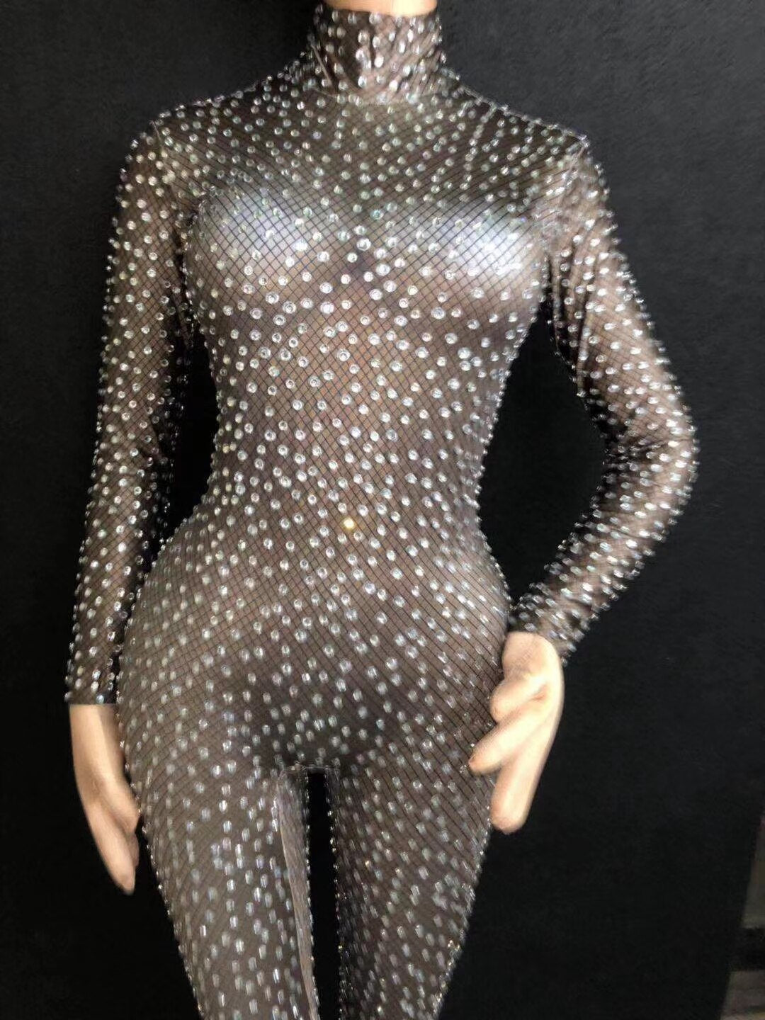 Black Stretch Spandex Rhinestone Jumpsuit Women Long Sleeve Club Crystal Bodysuit Dancer Rompers Performance Costumes