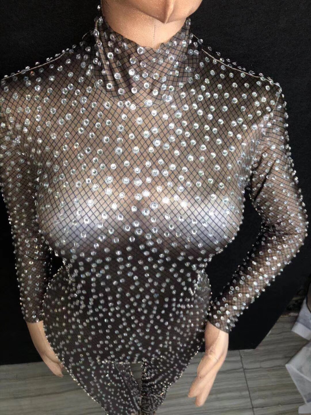 Black Stretch Spandex Rhinestone Jumpsuit Women Long Sleeve Club Crystal Bodysuit Dancer Rompers Performance Costumes