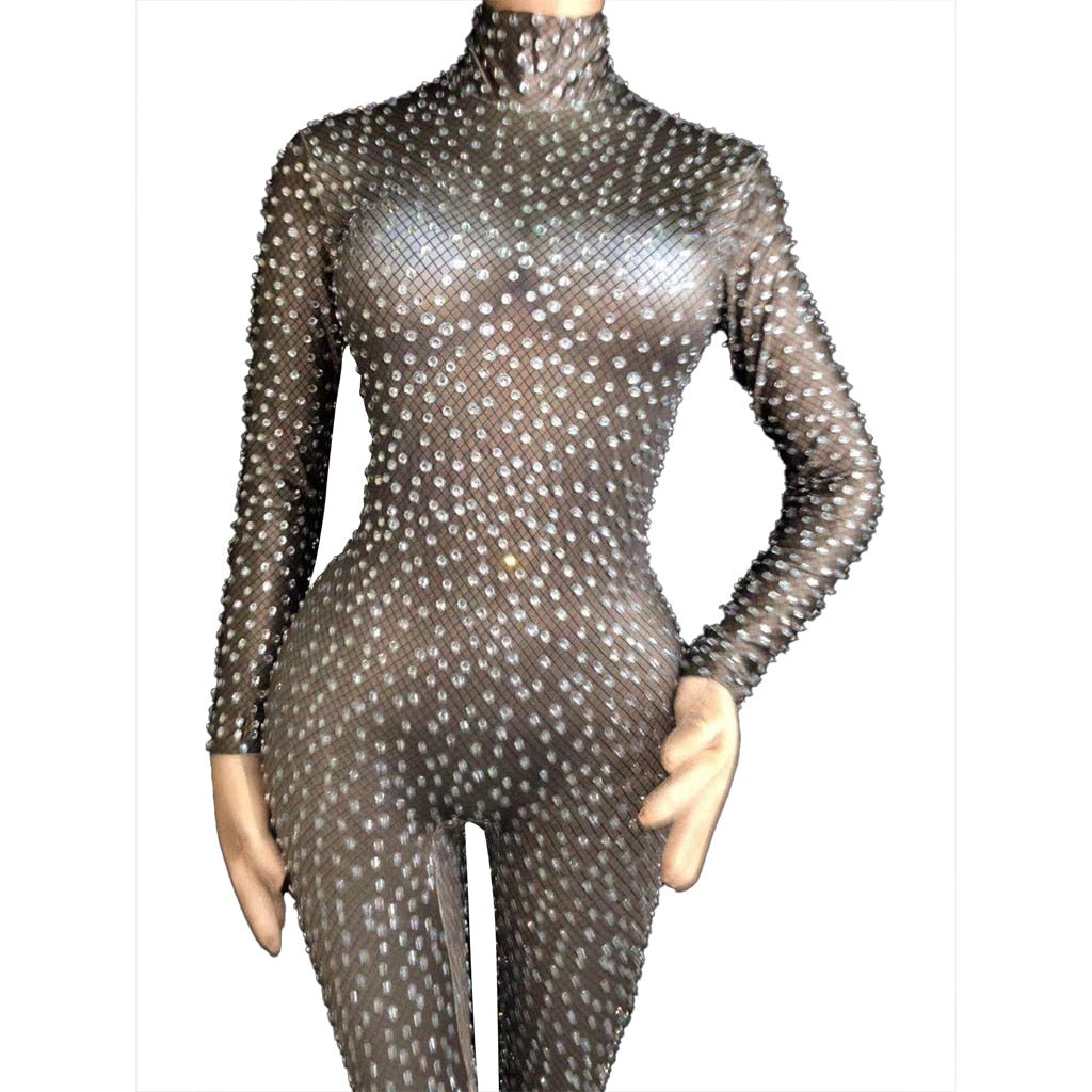 Black Stretch Spandex Rhinestone Jumpsuit Women Long Sleeve Club Crystal Bodysuit Dancer Rompers Performance Costumes