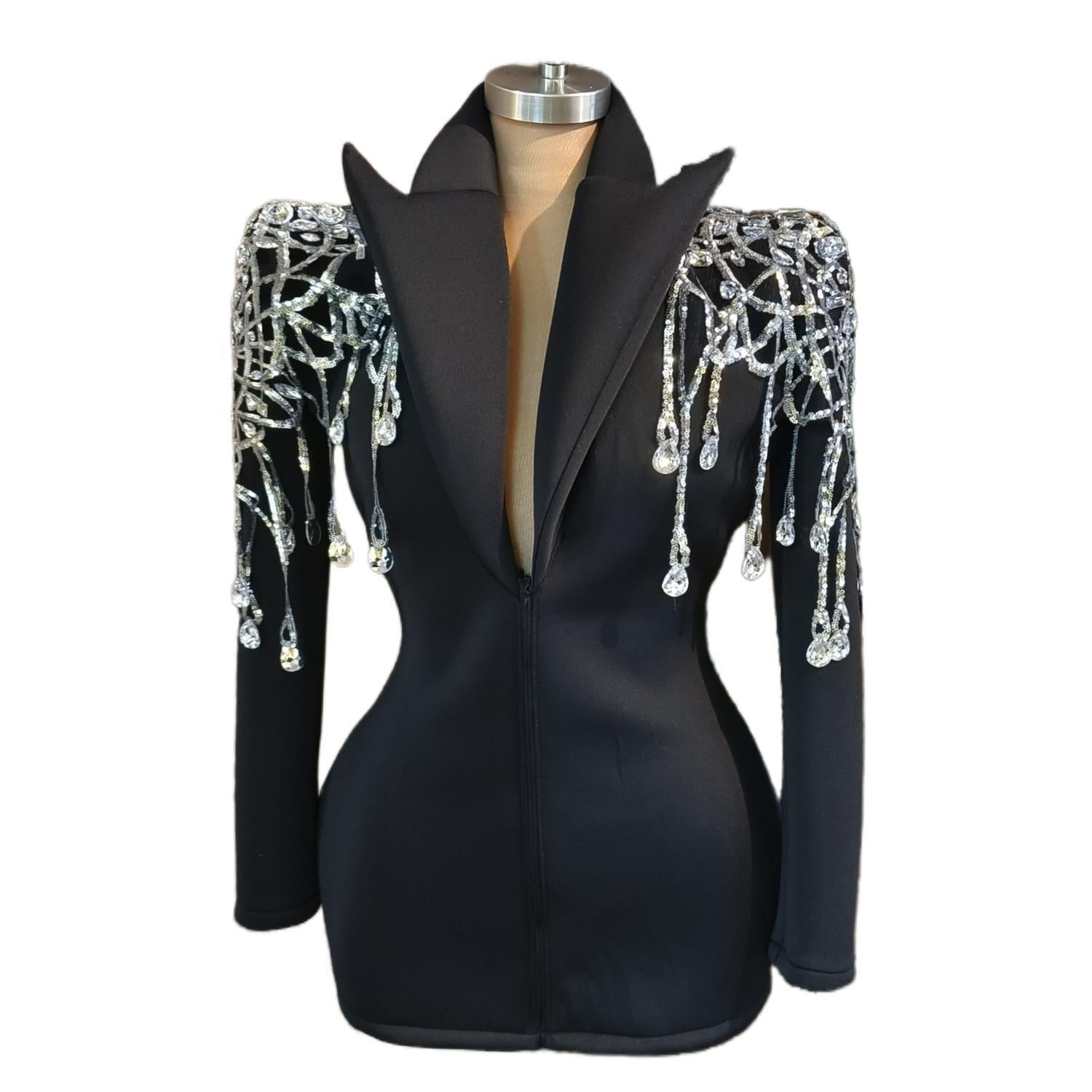 Sparkly Rhinestones Exaggerated Sleeves Black Jacket Sexy Singer Dancer Nightclub Jazz Dance Costume Performance Show Wear