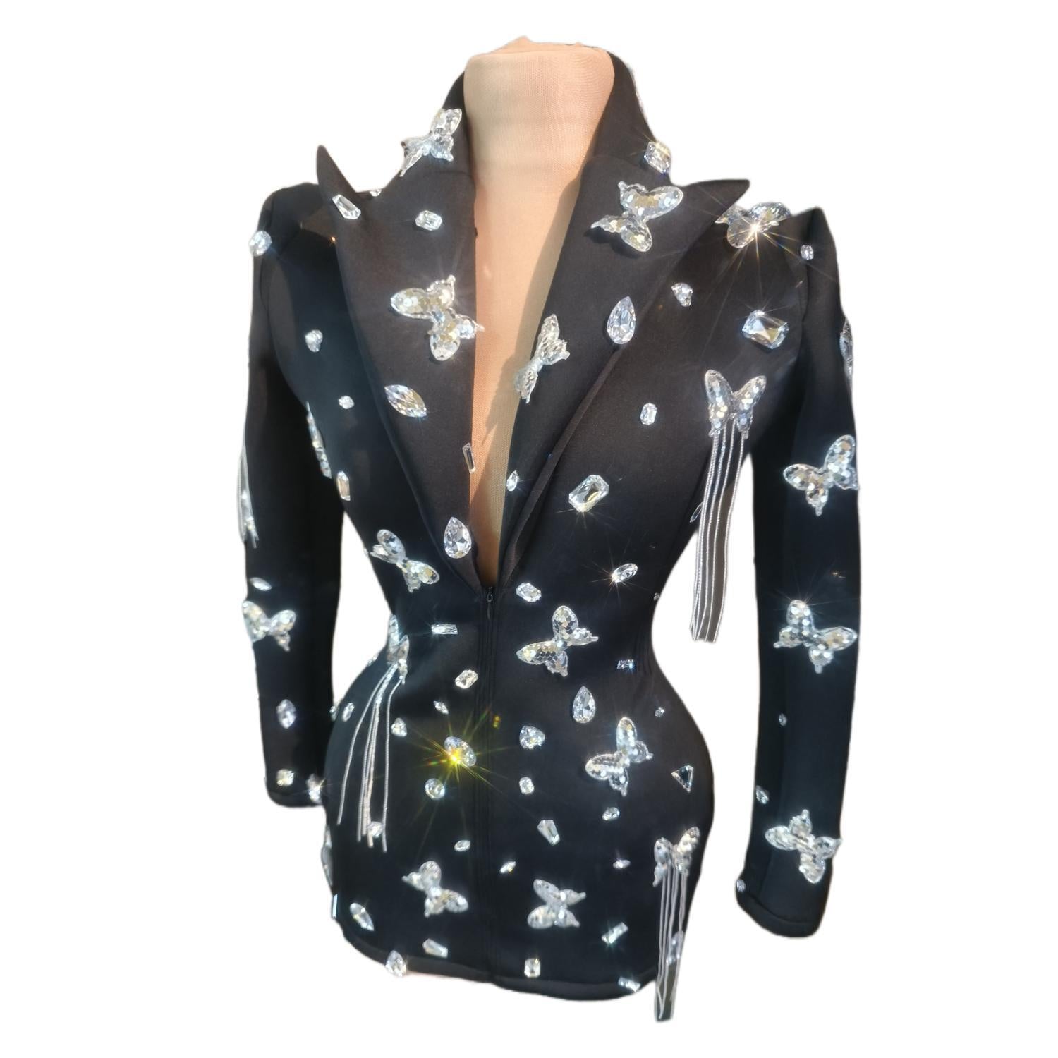 Sparkly Rhinestones Exaggerated Sleeves Black Jacket Sexy Singer Dancer Nightclub Jazz Dance Costume Performance Show Wear