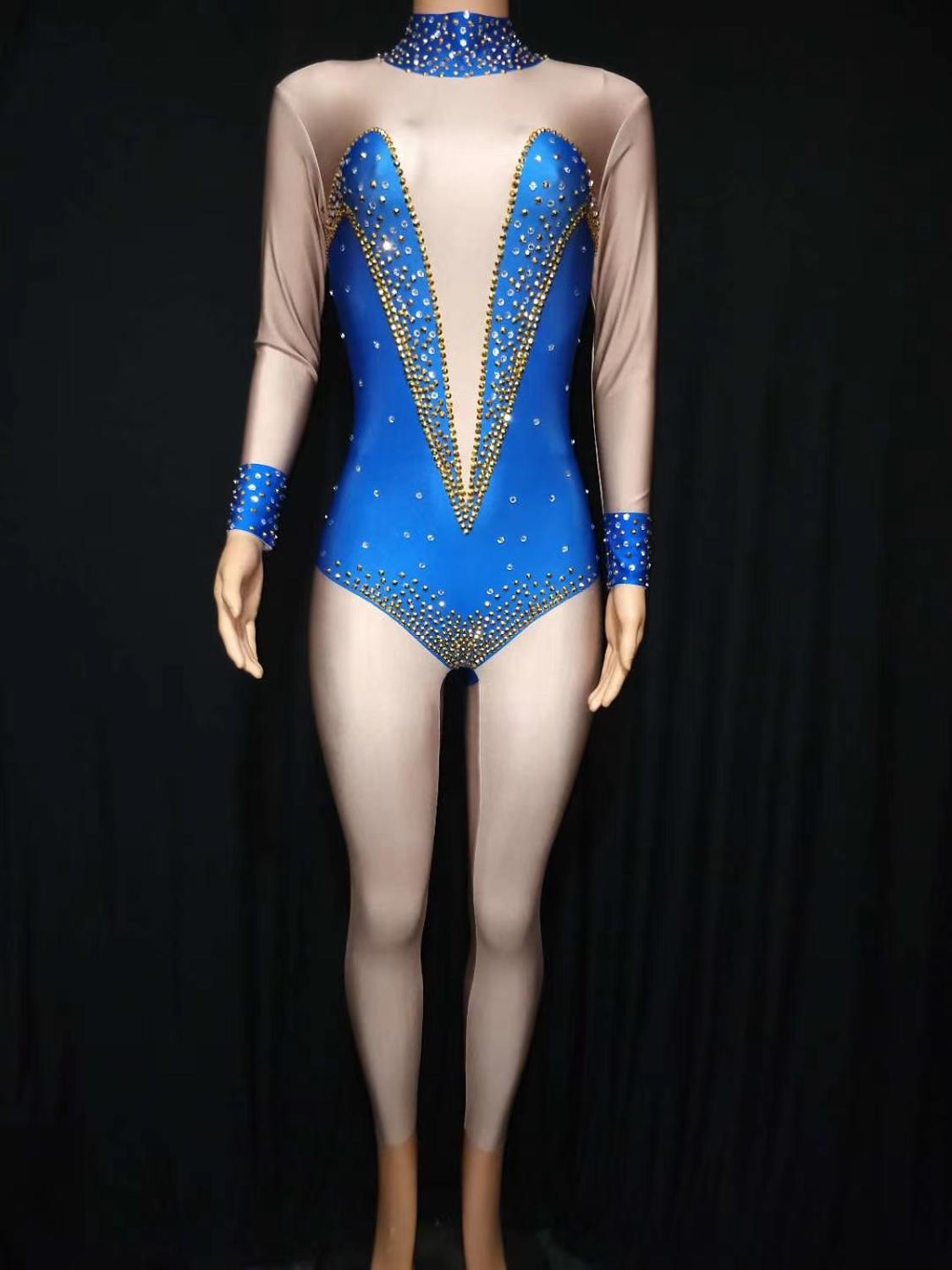 Print Rhinestone Jumpsuit Women Elastic Tights Acrobatics Gymnastics Bodysuit Sexy Crystal Dance Leotard Stage Costumes