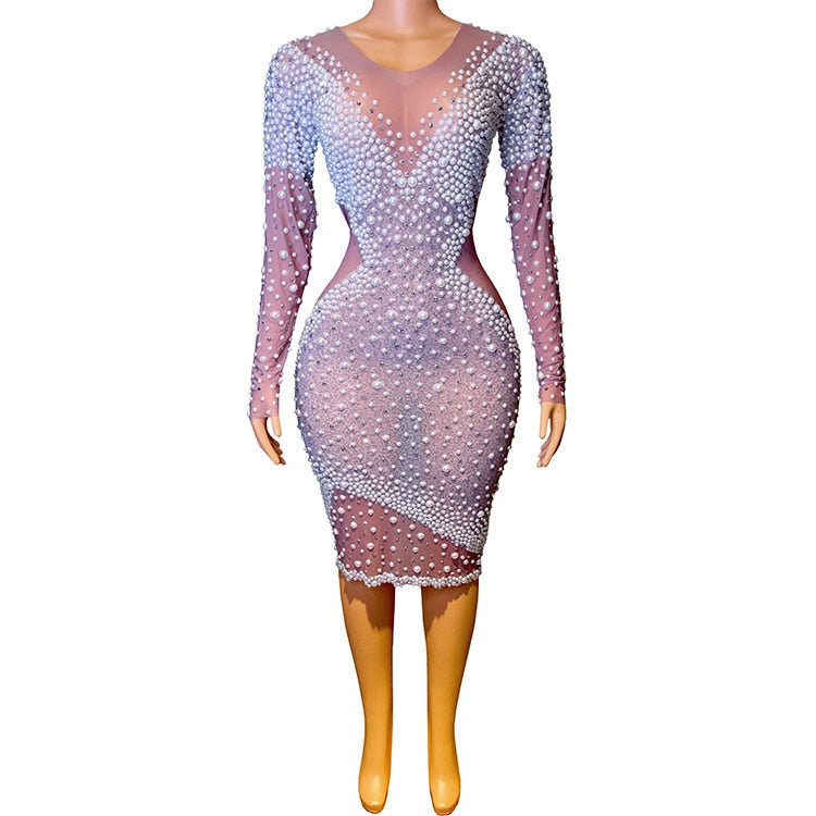 Rhinestones Pearls Celebrate Dress Sexy Dance Outfit Prom Show Costume Female Evening Birthday Dresses
