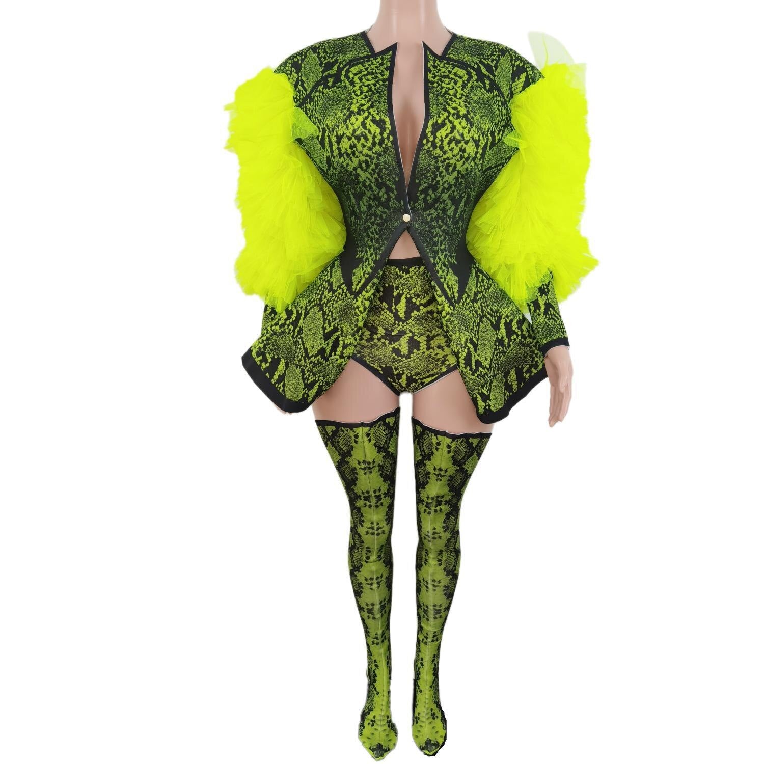Three Piece Outfit Set Fluorescent Green Snake Print Halloween Costume Women Jacket Festival Bodysuit Outfit Ferformance