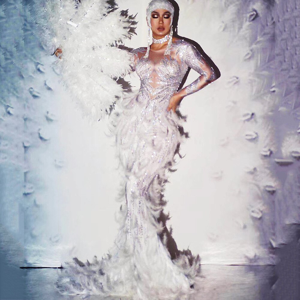 Women Show Costume Feathers Sexy Shining Rhinestone Sequins Stage Singer Dancer Clothing Party Festival Drag Queen Wear