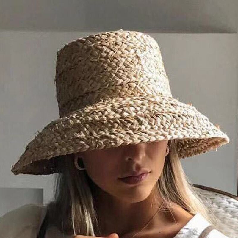 Wide Brim Raffia Hat Women Vacation Beach Hats Flat Top Straw Hat Summer Sun Hat Ladies UV Bucket Hat