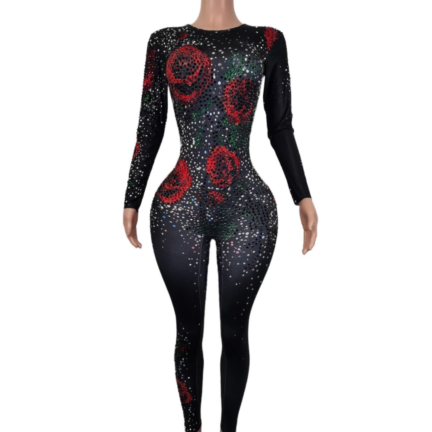 Women's Rose Pattern Rhinestone Skinny Jumpsuit Female Party Nightclub Costume Singer Stage Performance Clothes