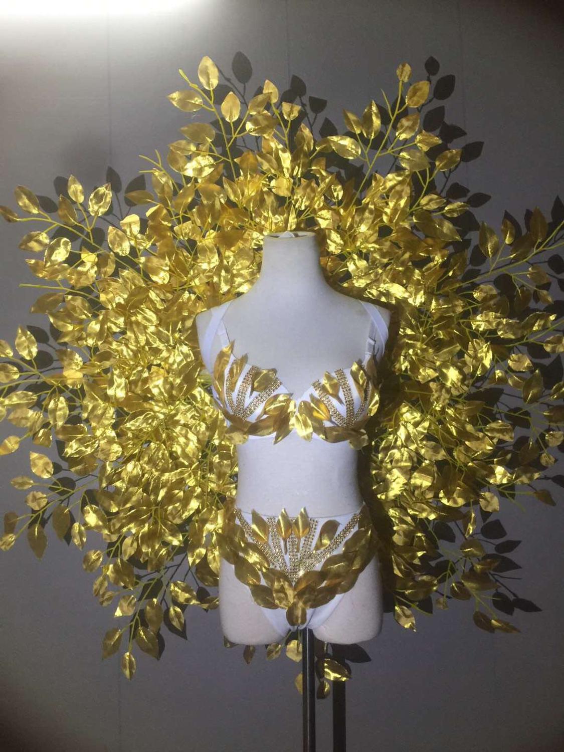 Festive Gold Leaf Back Panel Wings Bikini Gogo Ds Model Catwalk Show Tour Costume