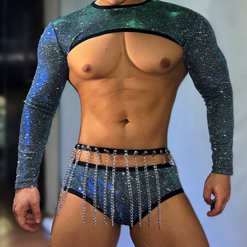 Flashing Sequins Top Brifes Muscle Man Sexy Pole Dance Clothing Party Dj Ds Gogo Costume Men Stage Rave Outfit Clubwear