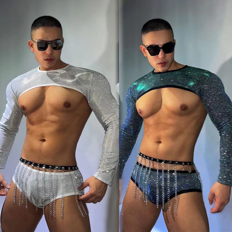 Flashing Sequins Top Brifes Muscle Man Sexy Pole Dance Clothing Party Dj Ds Gogo Costume Men Stage Rave Outfit Clubwear
