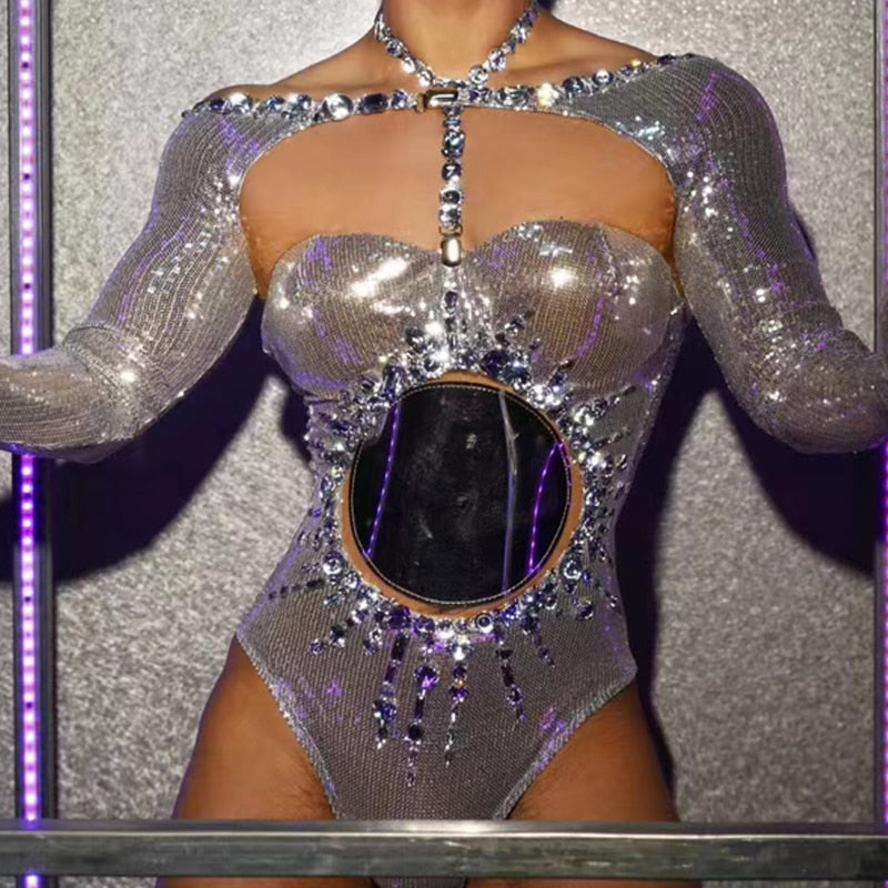 Flashing Silver Rhinestones Bodysuit Sexy Cutout Sequins Pole Gogo Dance Costume Women Men Nightclub Dj Ds Rave Outfit XS6546