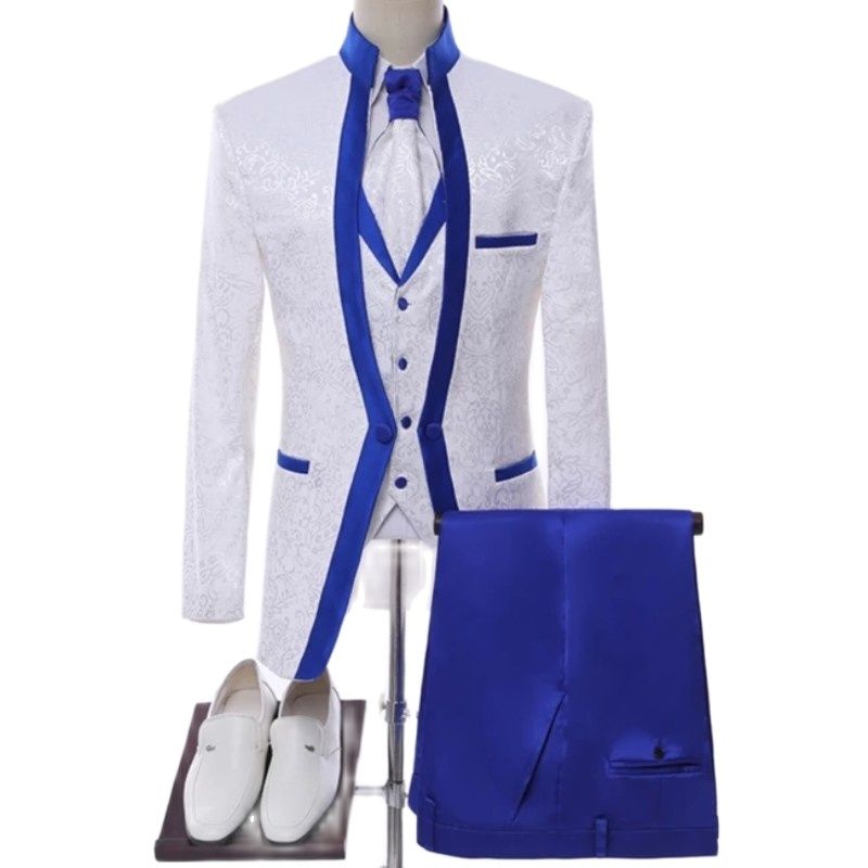 Formal White Royal Blue Rim Men Suits Custom Made Wedding Groom Tuxedo Terno Masculino Slim Fit 3 Pieces Blazer Jacket+Pant+Vest