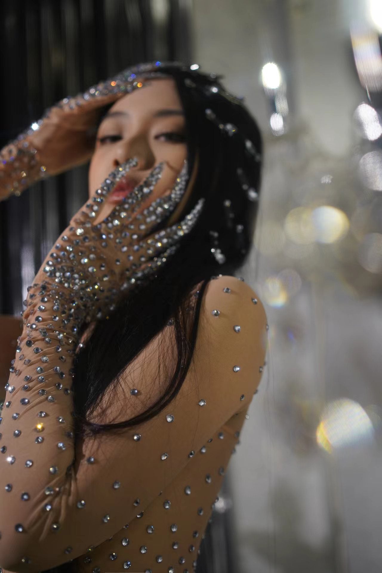 Full Shinny Diamond Prom Jumpsuit Woman Leotard Sexy Summer One Piece Bodysuit with Gloves Gorgeous Night Party Wear