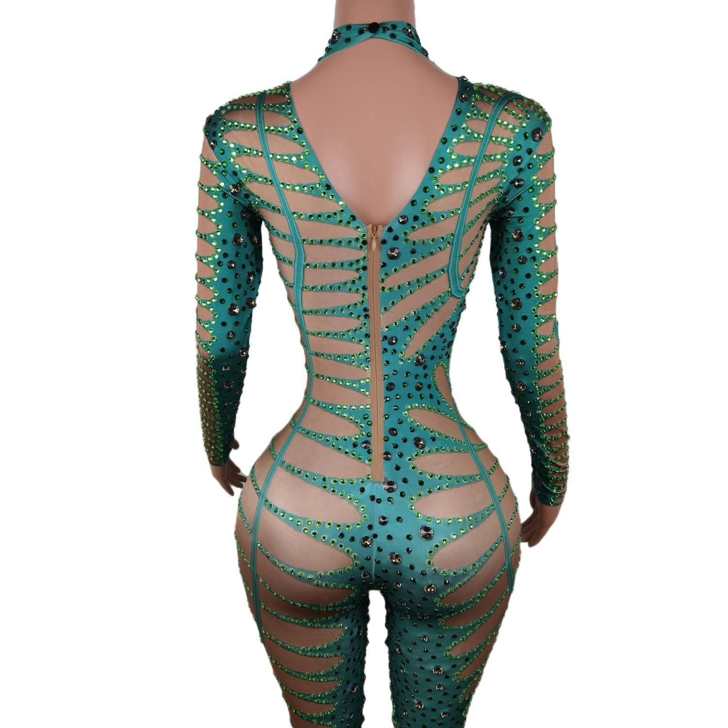 Green Grass Rhinestone Jumpsuit Woman Night Club Party Stretch Stage Wear Celebrate Bodysuit Performance Costume