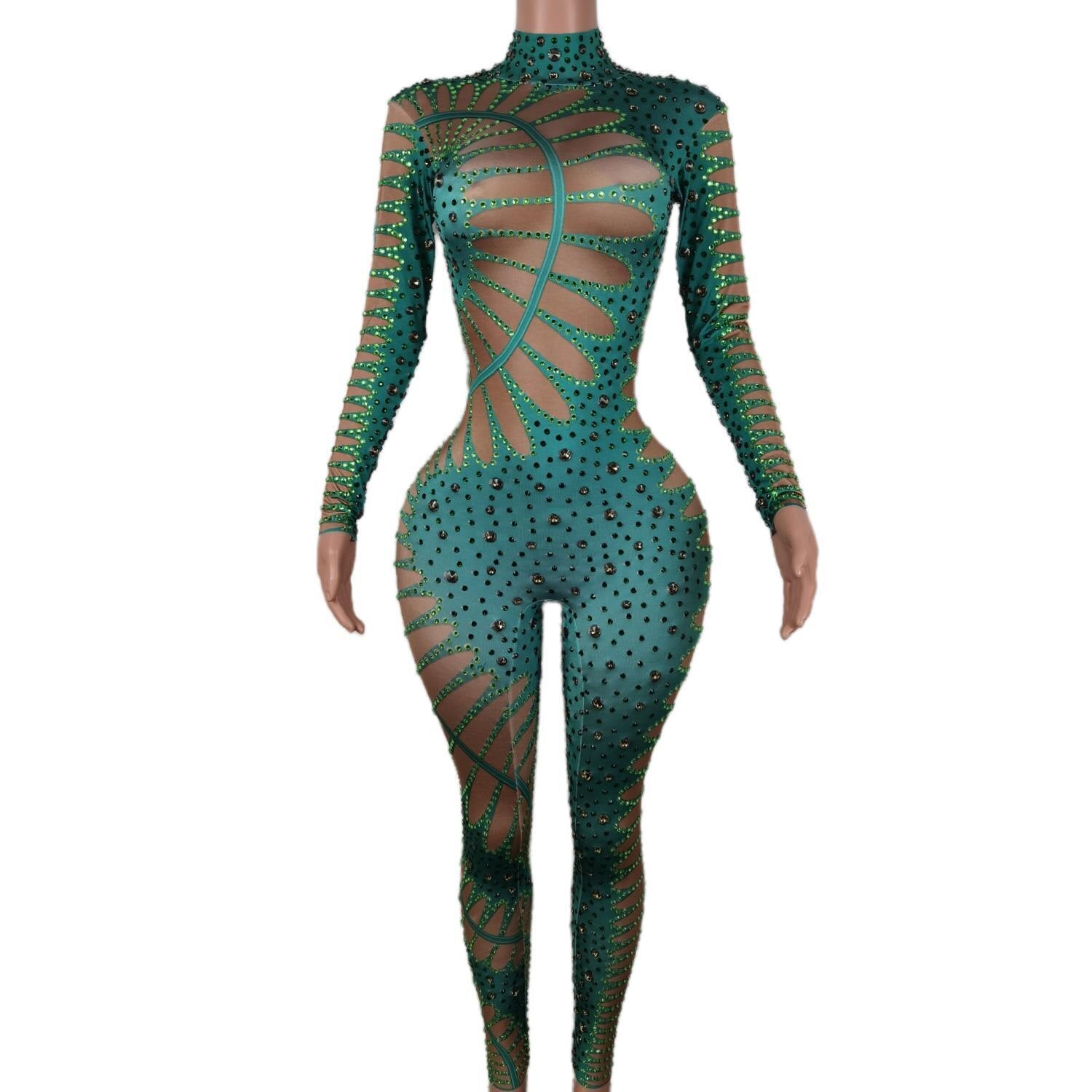 Green Grass Rhinestone Jumpsuit Woman Night Club Party Stretch Stage Wear Celebrate Bodysuit Performance Costume