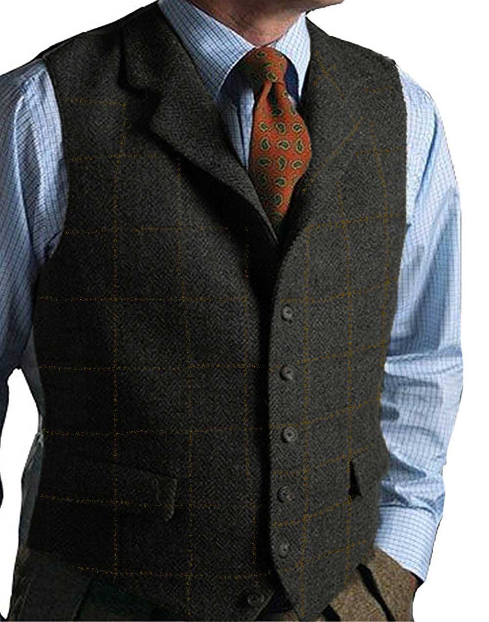 Green Men Vest Tweed Plaid Waistcoat Slim Fit Lapel Plaid Suit Vest Herringbone Vintage Vest for Wedding Groomsmen