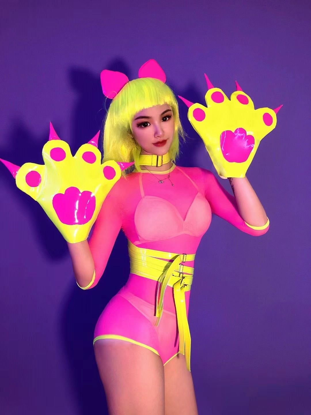 Halloween Party Cosplay Costume Cat Role-playing Performance Clothes Rose Transparent Bodysuit Headdress Outfit Gogo Stage Wear