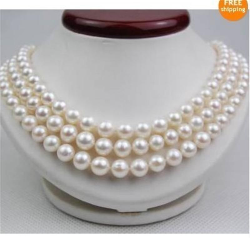 3 Rows 8mm White South Sea Shell Pearl Necklace