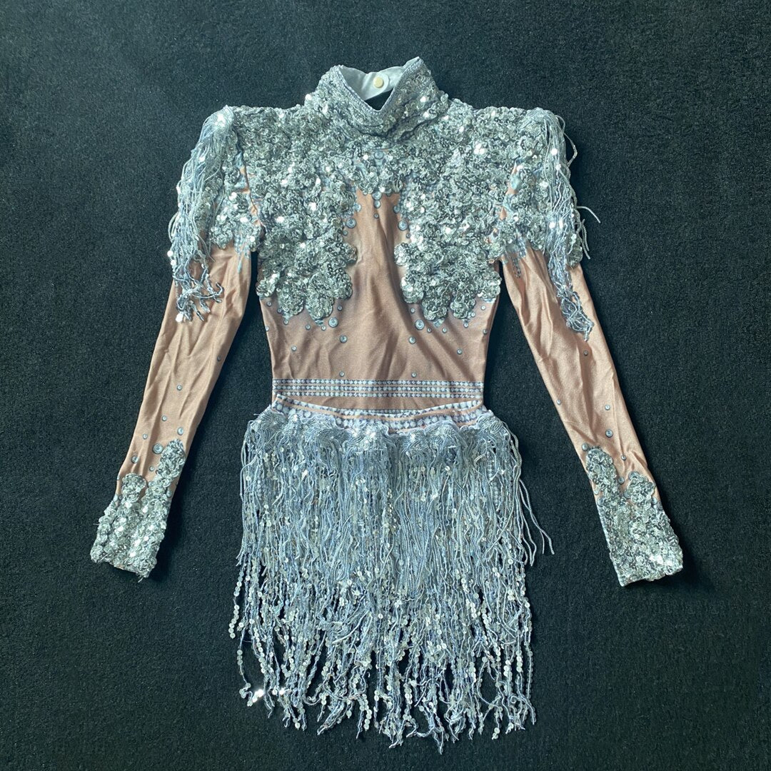 Sexy Elastic Rhinestone Tassel Party Bodysuit Outfit Set Women Nightclub Prom Crystal Fringe Leotard Dance Stage Wear Nainiang