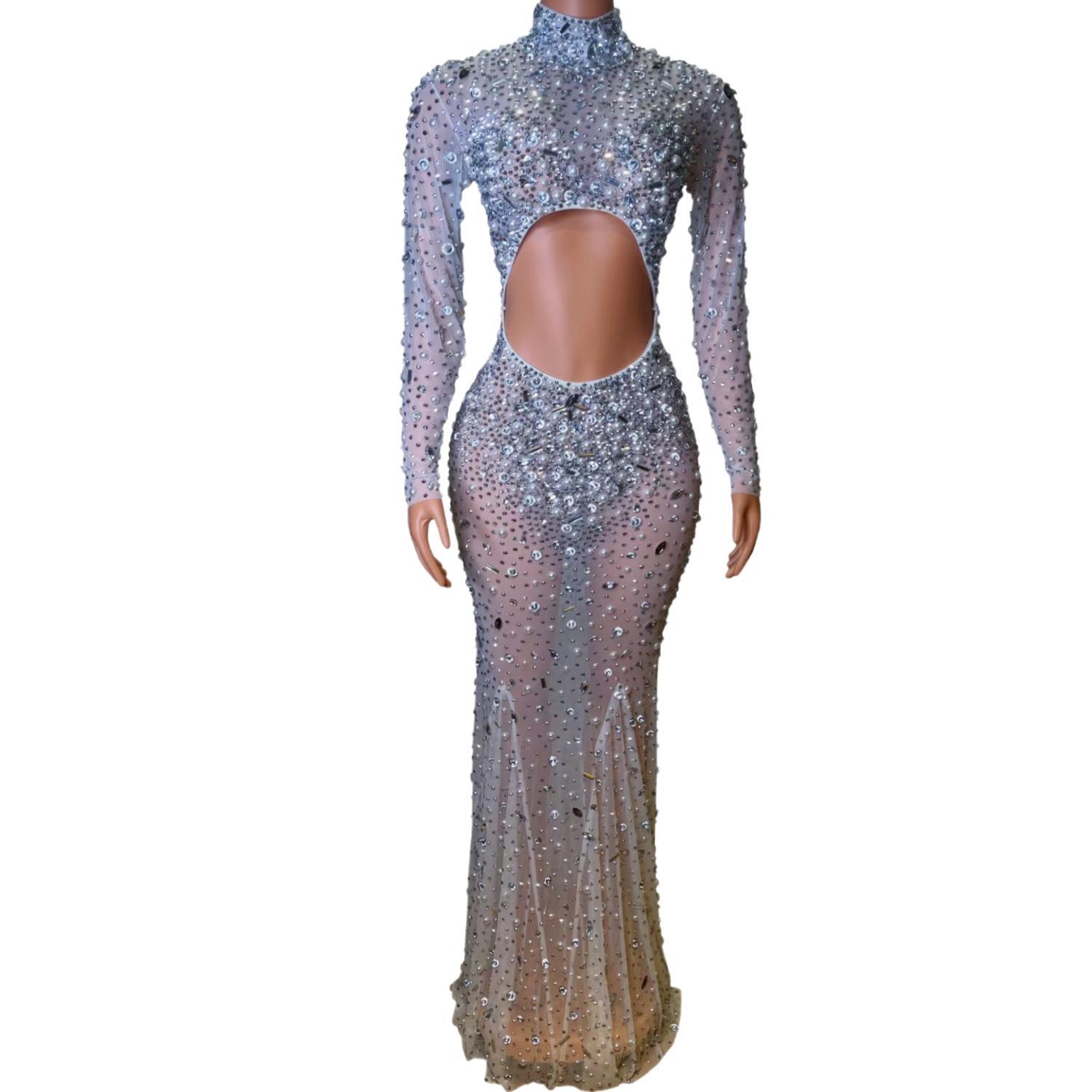 Luxucy Crystal Pearls Dress Sexy Cut-out Long Dress for Women Evening Prom Birthday Celebrate Dresses Photo Shoot Wear Canlan