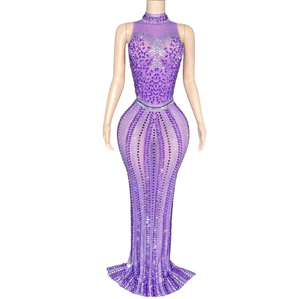 Purple Rhinestones Mesh Transparent Sleeveless Long Dress for Women Sexy Birthday Celebrate Evening Prom Dresses
