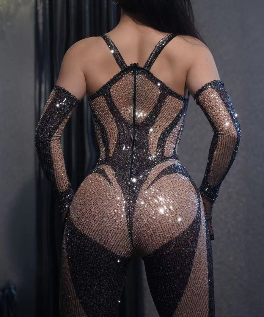 Luxurious Sequin Jumpsuit Gloves Outfit Set Sexy Tight Birthday Prom Party Dresses Photoshoot Dancer Show Rompers Stage Wear