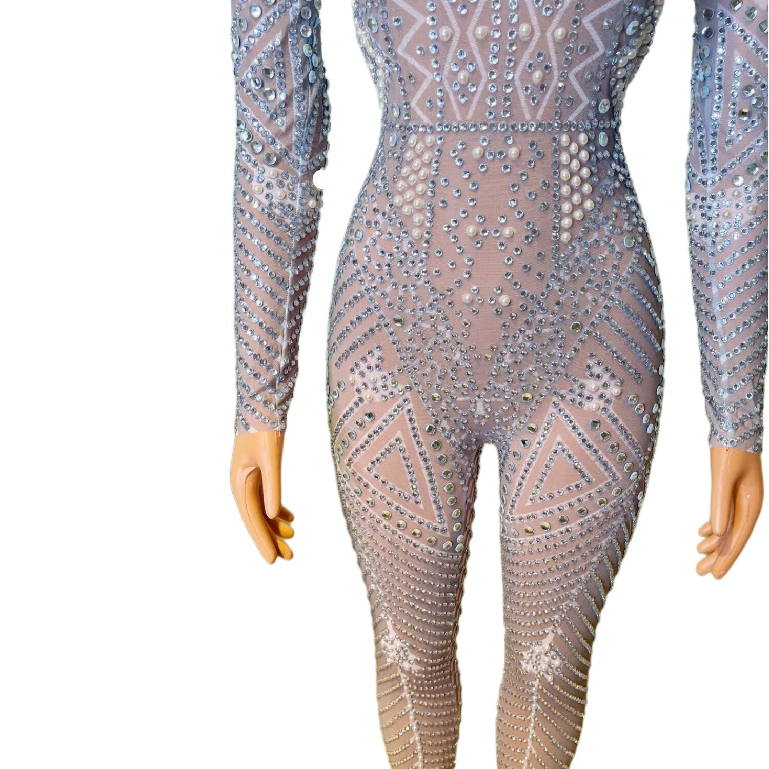Luxury Sequin Rhinestone Pearls Pole Dance Leotard Party Club Shiny Bodysuit Plus Size Women One Piece Bodycon Jumpsuits