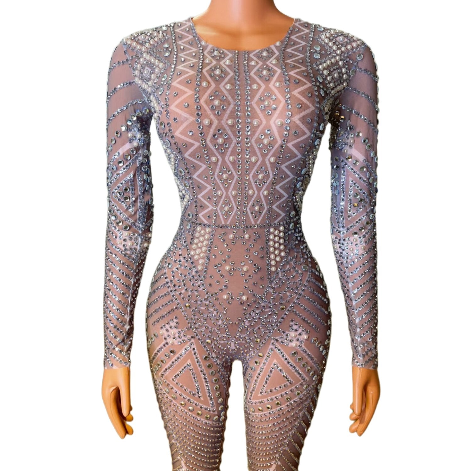 Luxury Sequin Rhinestone Pearls Pole Dance Leotard Party Club Shiny Bodysuit Plus Size Women One Piece Bodycon Jumpsuits