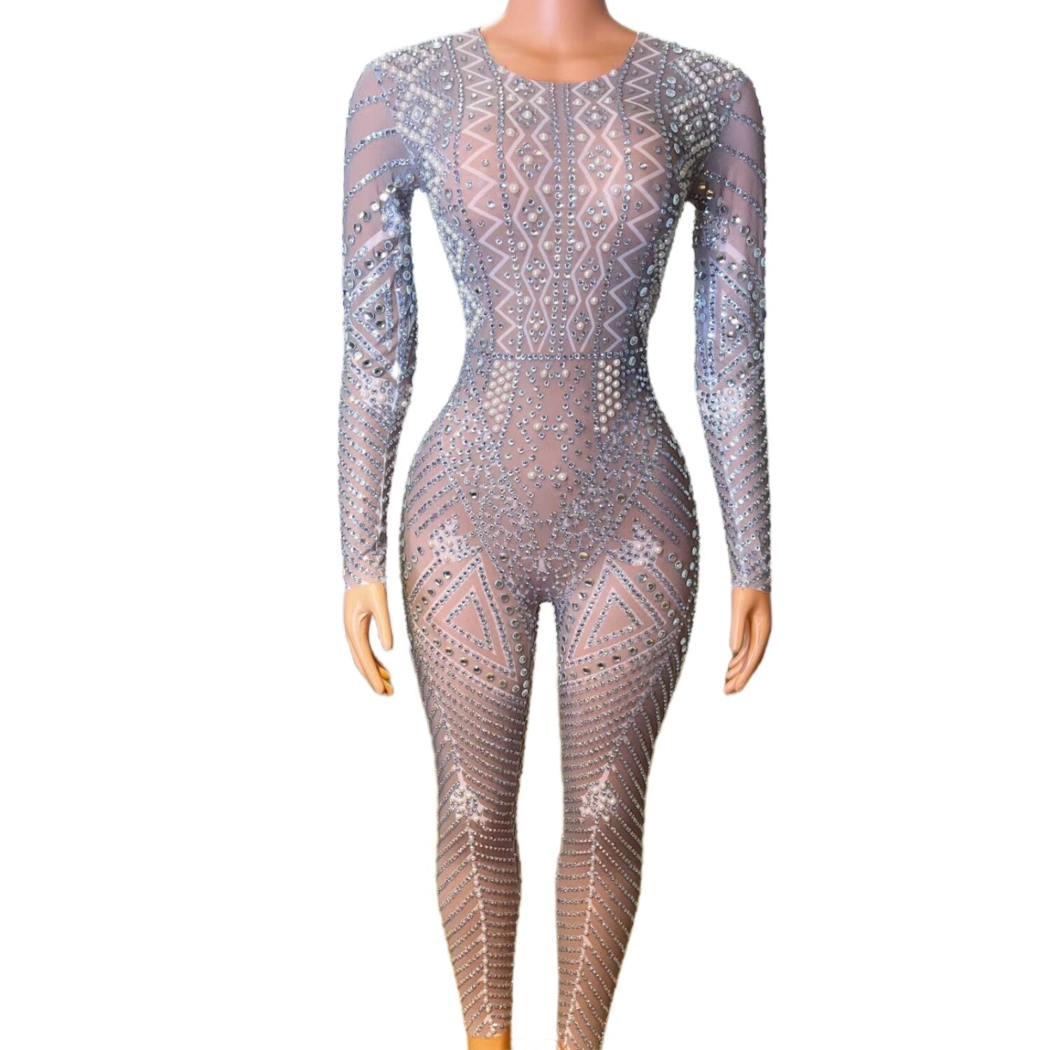 Luxury Sequin Rhinestone Pearls Pole Dance Leotard Party Club Shiny Bodysuit Plus Size Women One Piece Bodycon Jumpsuits