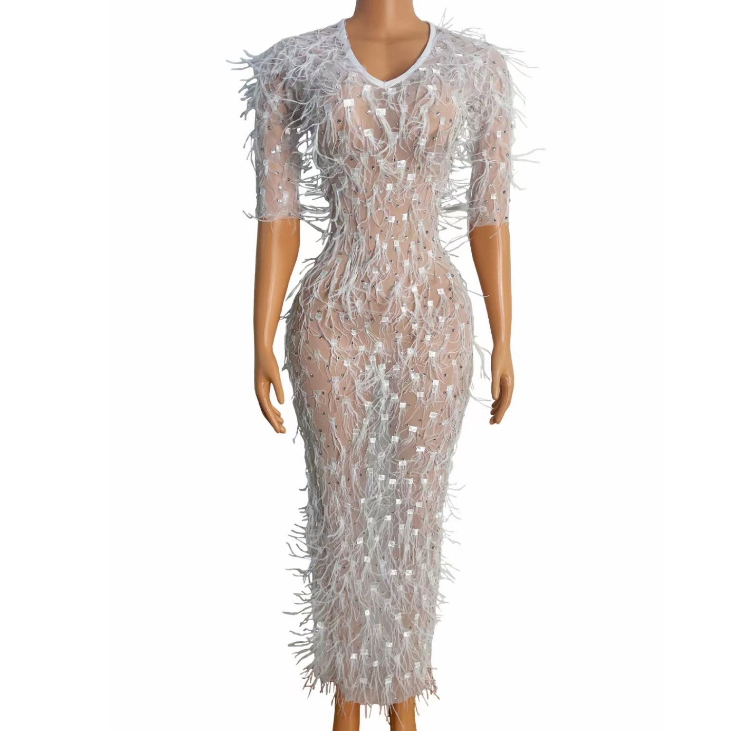 Luxury Fashion White Feathers Evening Dresses for Women Wedding Rhinestones Party Dresses Night Formal Gowns