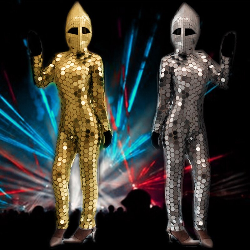 Mirror Men Costume Gold Silver Mirrors Jumpsuit Women Sequins Pole Dance Costumes Luxury Party Ouftfit