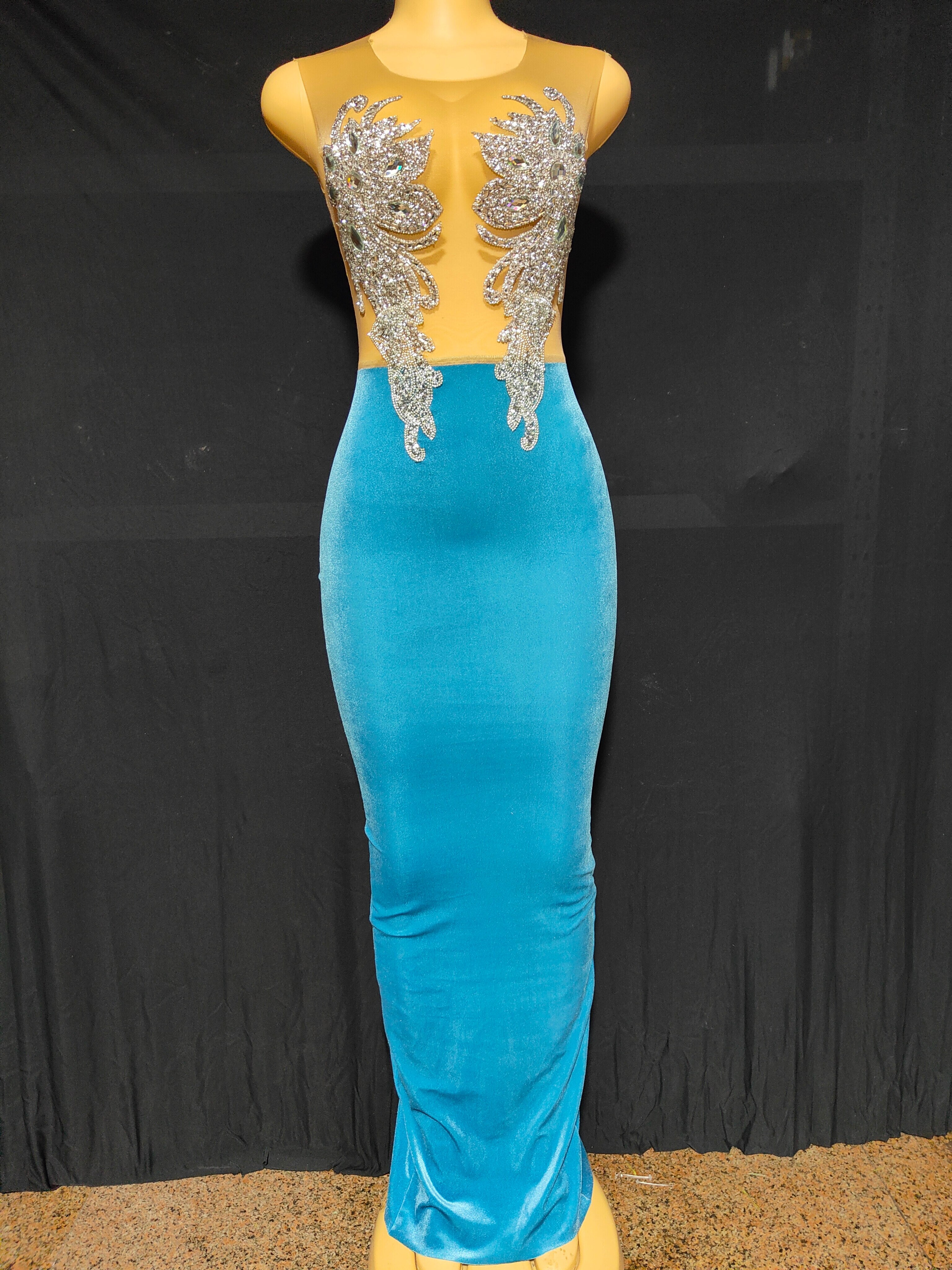 Women Flash Silver Rhinestone Transparent Long Dress Birthday Outfit