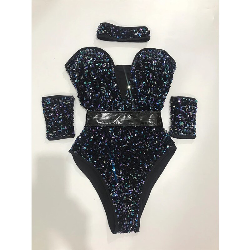 New Pole Dancing Costume For Female Colorful Sequins Bodysuit Nightclub Singer Dancer Stage Show Dancewear Bar Rave Outfits Set