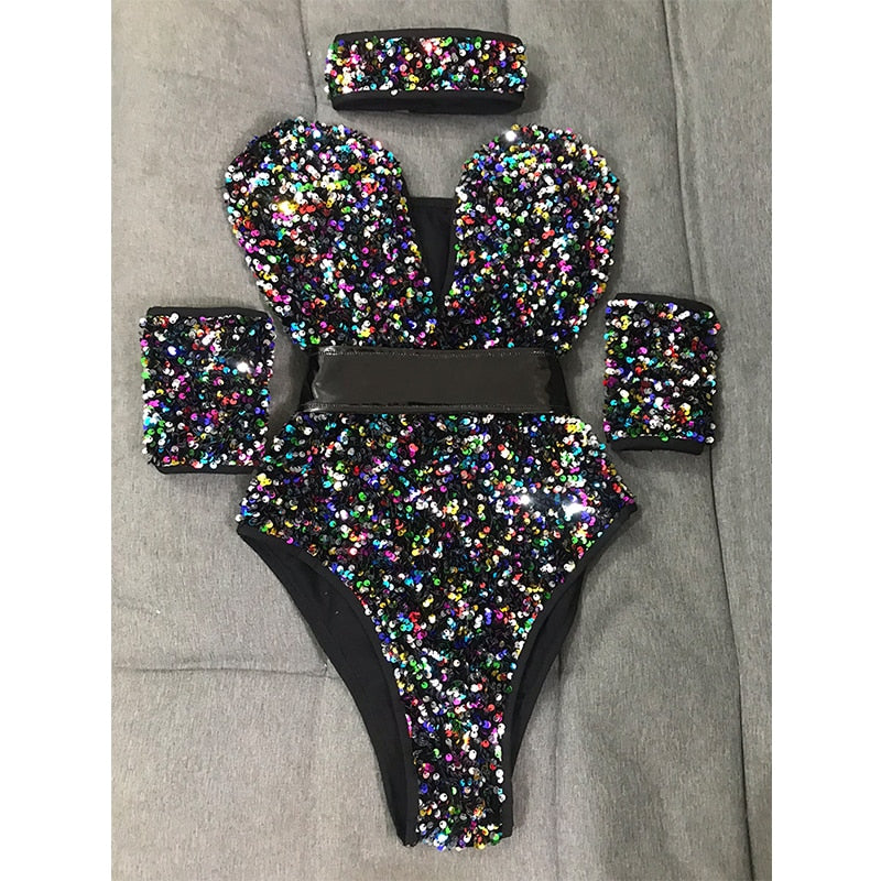 New Pole Dancing Costume For Female Colorful Sequins Bodysuit Nightcl