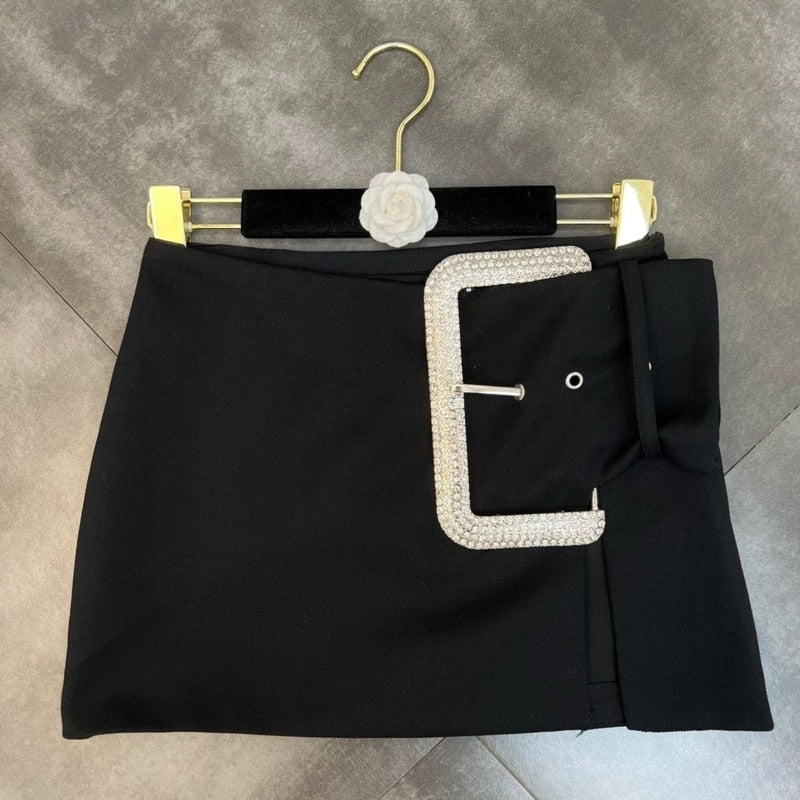 Long Sleeve Square Collar Diamonds Buckle Belt Hollow Out Waist Black Bodysuits Short Skirt Two Piece Set