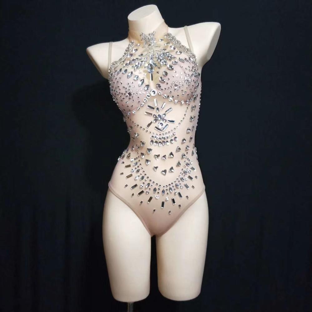 Perspective Mesh Crystal Bodysuits Nightclub Sexy Dance Costumes Women Skinny Leotard Bar Showgirl Stage Performance Costumes