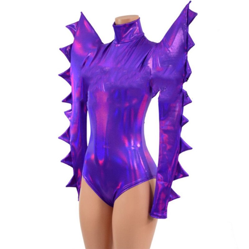 Purple Laser Leather Exaggerated Shoulder Bodysuit Cosplay Costume Stage Wear Bar Gogo Dance Clothes Drag Queen Festival Outfits