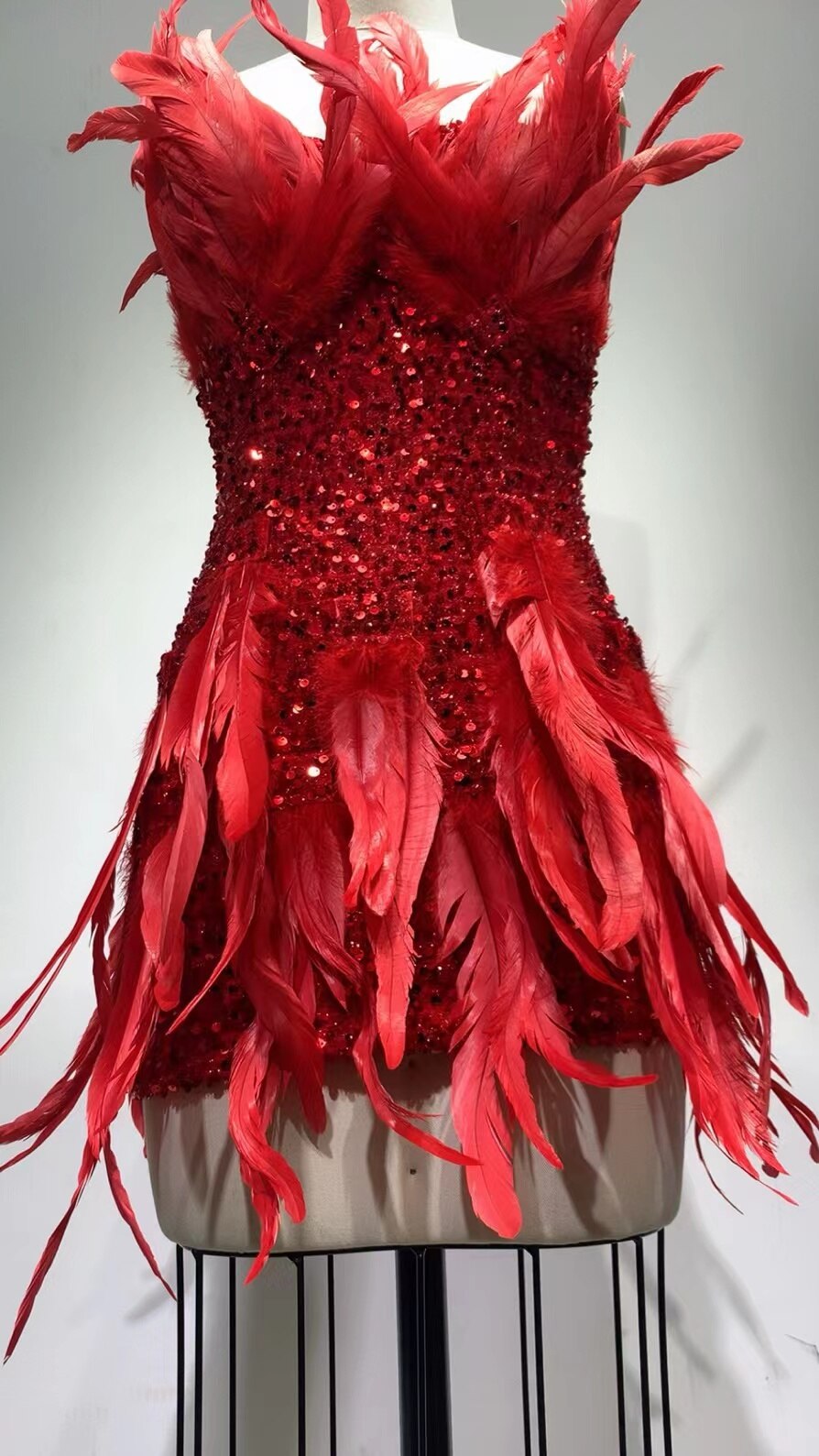 Red Fire Phoenix Goddess Dress Gorgeous Feathers Dazzling Diamonds Strapless Bodycon Mini Dress Singer Stage Performance Costume
