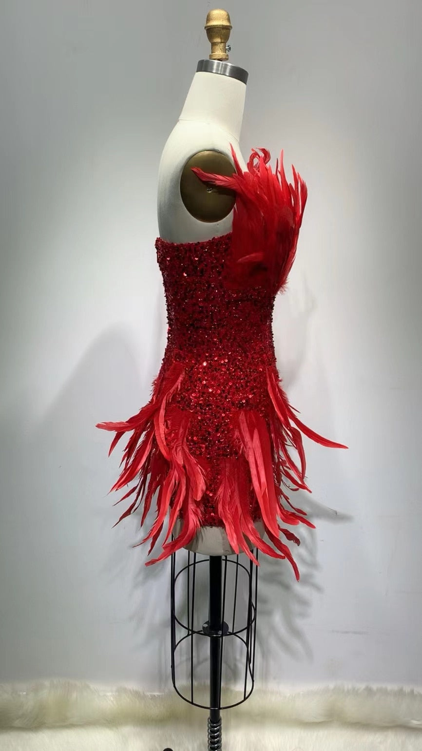 Red Fire Phoenix Goddess Dress Gorgeous Feathers Dazzling Diamonds Strapless Bodycon Mini Dress Singer Stage Performance Costume